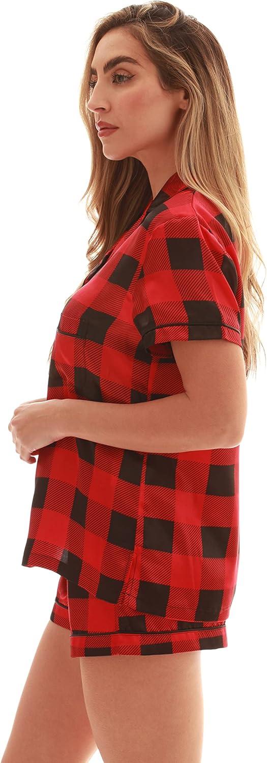imageJust Love Solid Satin Pajama Short Set for Women Sleepwear PJsRed Black Buffalo Plaid