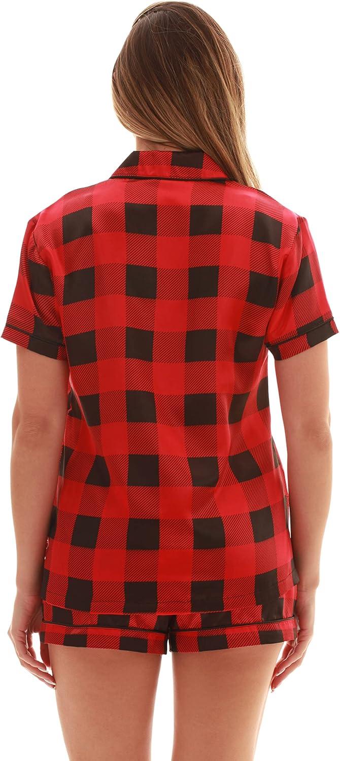 imageJust Love Solid Satin Pajama Short Set for Women Sleepwear PJsRed Black Buffalo Plaid
