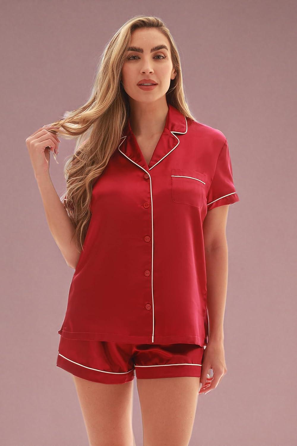 imageJust Love Solid Satin Pajama Short Set for Women Sleepwear PJsWine Solid