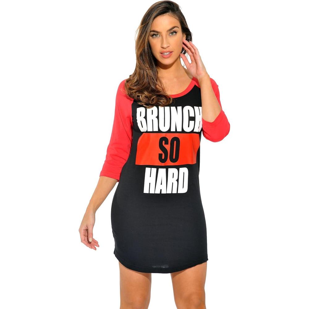 imageJust Love 100 Cotton Sleep Dress for Women Baseball Sleeve NightshirtBlack Brunch So Hard