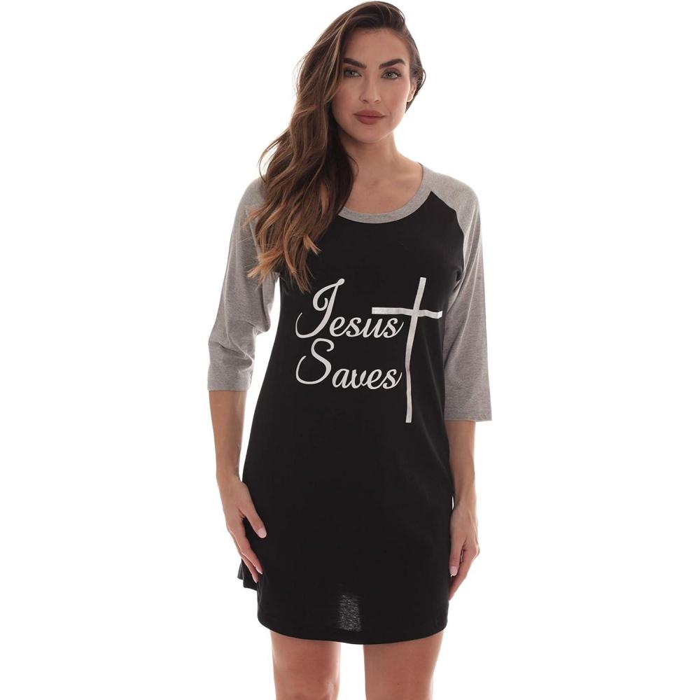 imageJust Love 100 Cotton Sleep Dress for Women Baseball Sleeve NightshirtBlack Jesus Saves