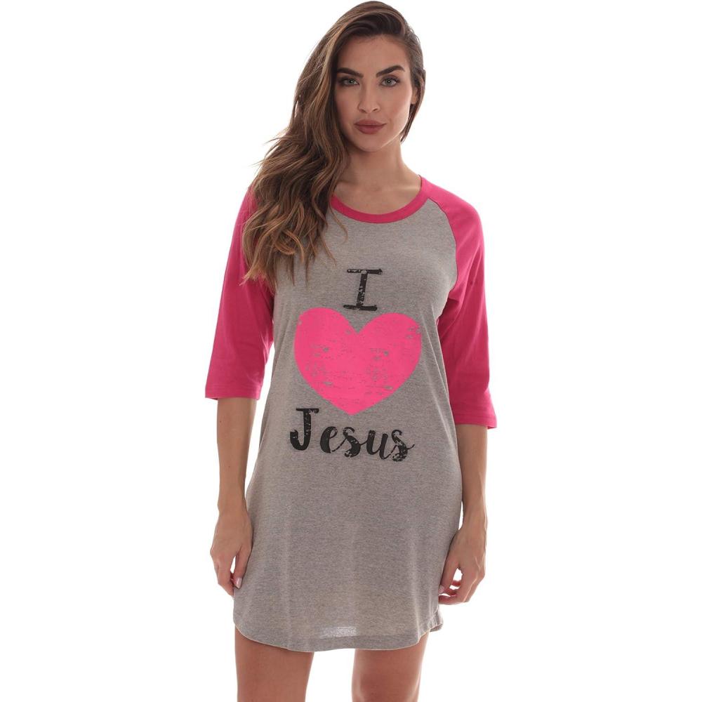 imageJust Love 100 Cotton Sleep Dress for Women Baseball Sleeve NightshirtGrey I Love Jesus