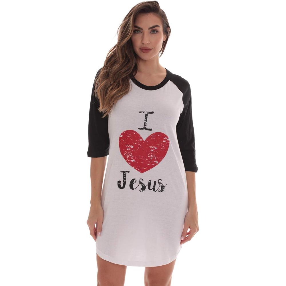 imageJust Love 100 Cotton Sleep Dress for Women Baseball Sleeve NightshirtWhite I Love Jesus