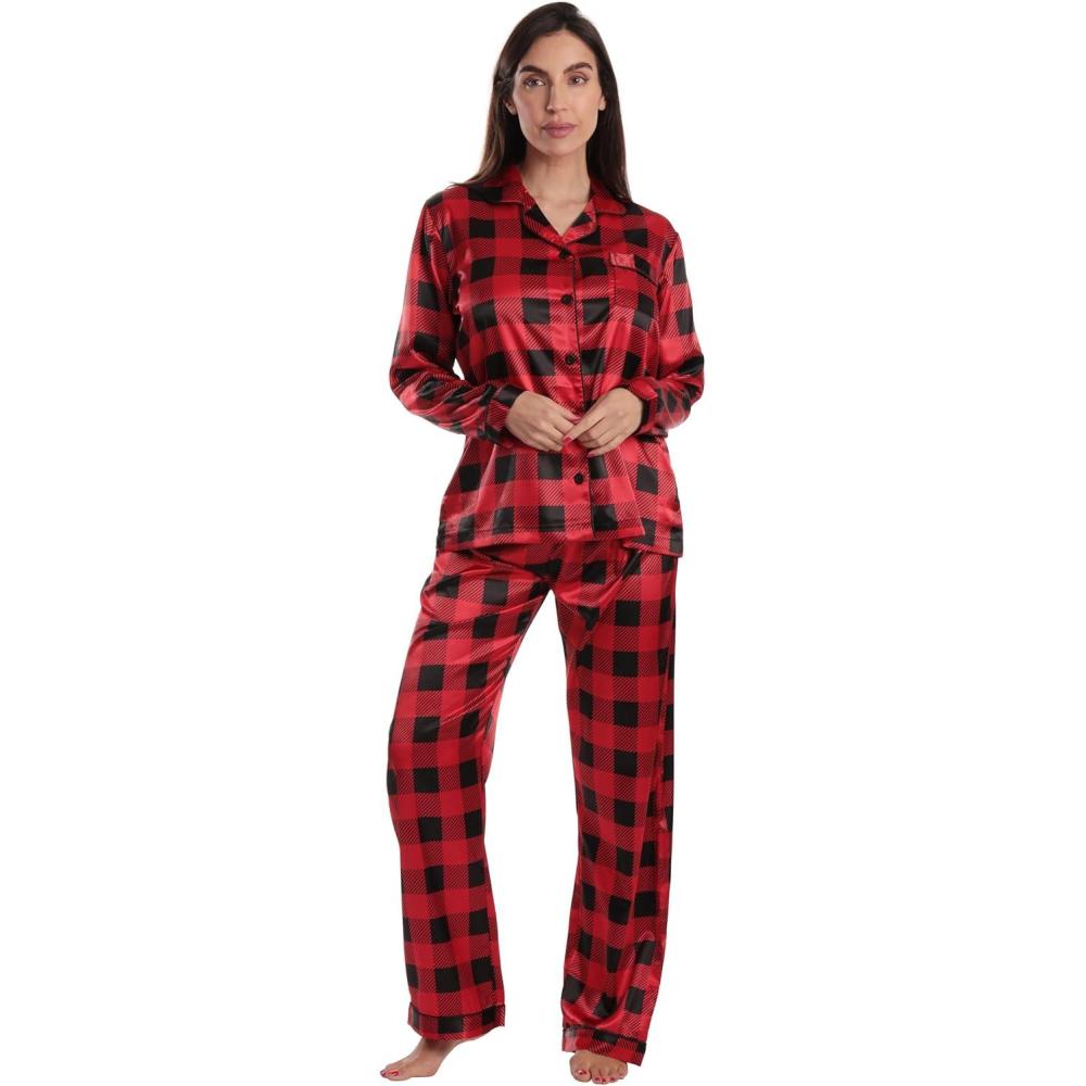 imageJust Love Satin Pajama Set for Women Long Sleeve Button Down Womens Pajama Sets Soft Loungewear ampamp Sleepwear Sizes S3XSatin Red Black Buffalo Plaid Stretch Fabric