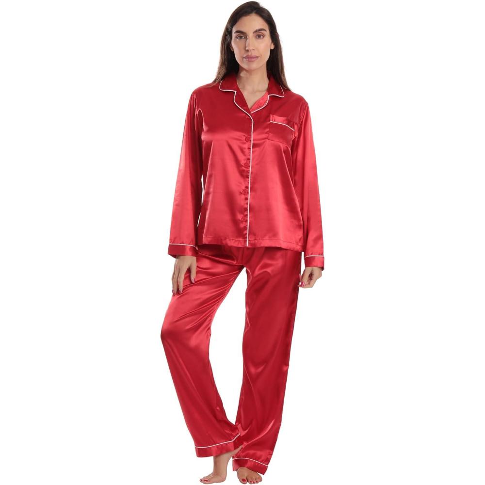 imageJust Love Satin Pajama Set for Women Long Sleeve Button Down Womens Pajama Sets Soft Loungewear ampamp Sleepwear Sizes S3XSatin Red Stretch Fabric