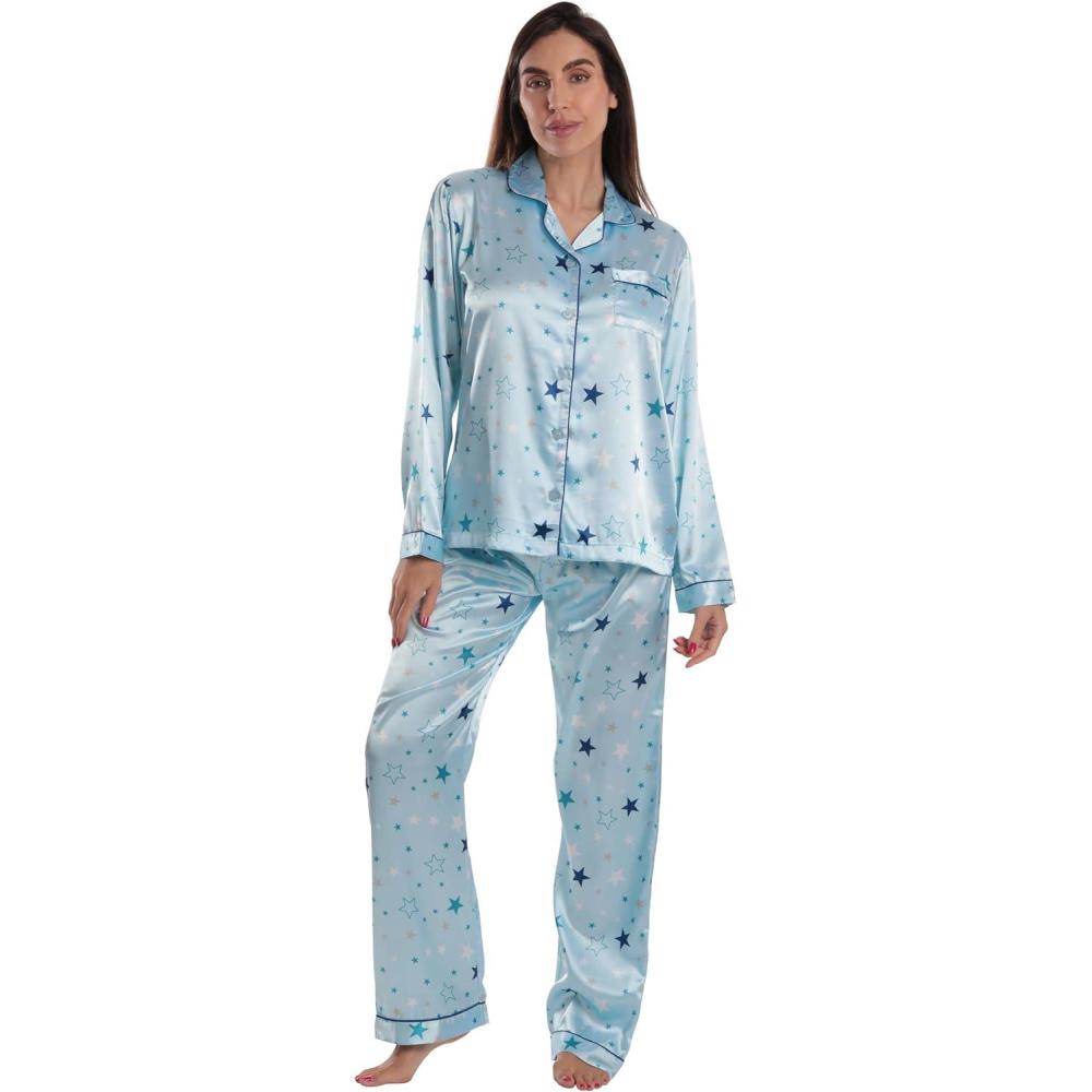 imageJust Love Satin Pajama Set for Women Long Sleeve Button Down Womens Pajama Sets Soft Loungewear ampamp Sleepwear Sizes S3XSatin Starzy Blue Stretch Fabric