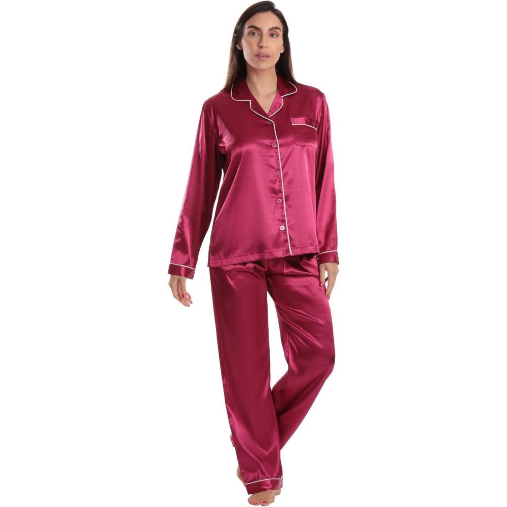 imageJust Love Satin Pajama Set for Women Long Sleeve Button Down Womens Pajama Sets Soft Loungewear ampamp Sleepwear Sizes S3XSatin Wine Stretch Fabric