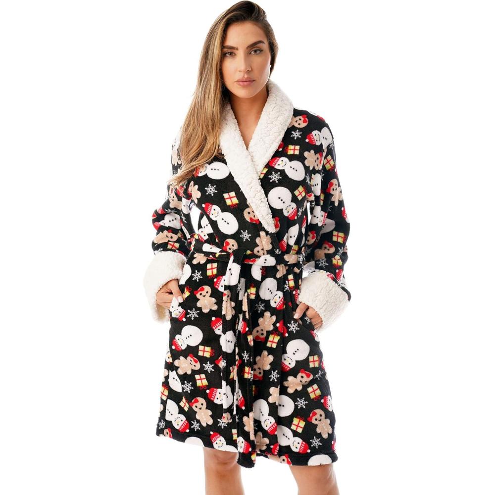 imageJust Love Sherpa Trim Plush Robe for WomenBlack Mixed Holiday