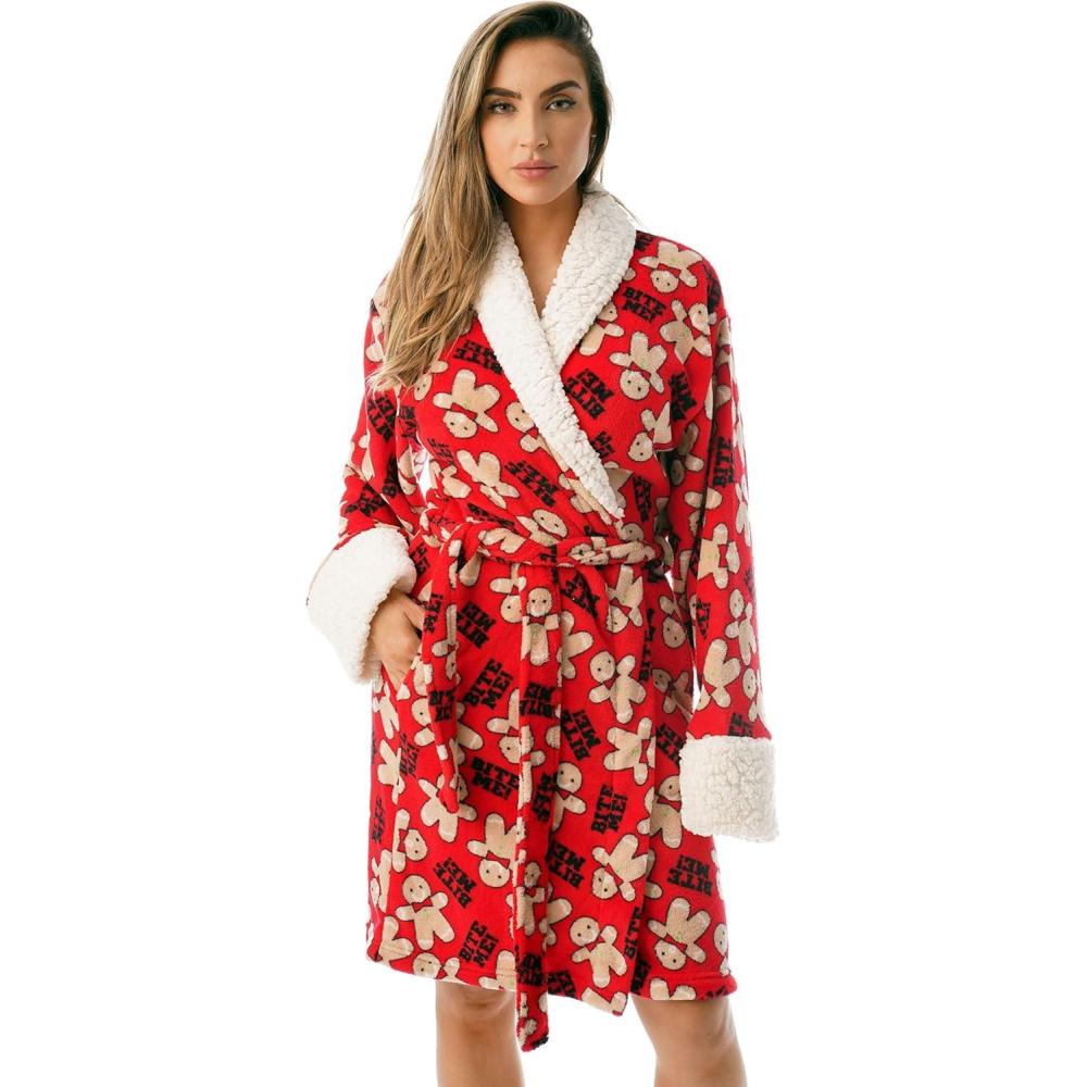 imageJust Love Sherpa Trim Plush Robe for WomenRed Bite Me Gingerbread Man