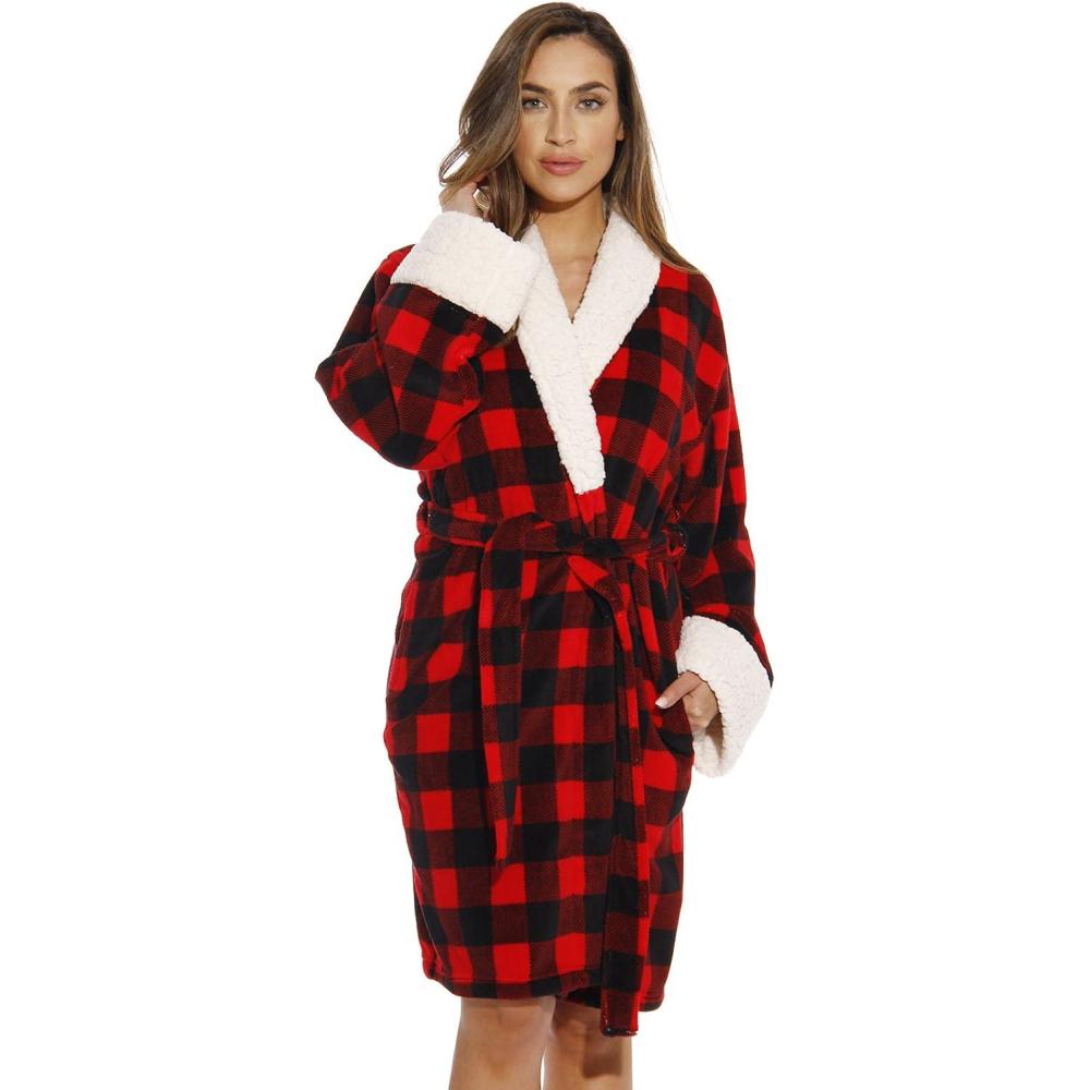 imageJust Love Sherpa Trim Plush Robe for WomenRed Black
