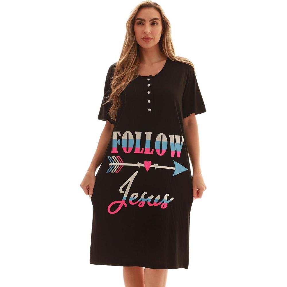 imageJust Love Short Sleeve Nightgown Sleep Dress for Women SleepwearBlack Follow Jesus
