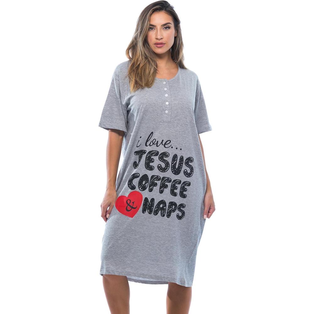 imageJust Love Short Sleeve Nightgown Sleep Dress for Women SleepwearGrey Jesus Coffee Naps