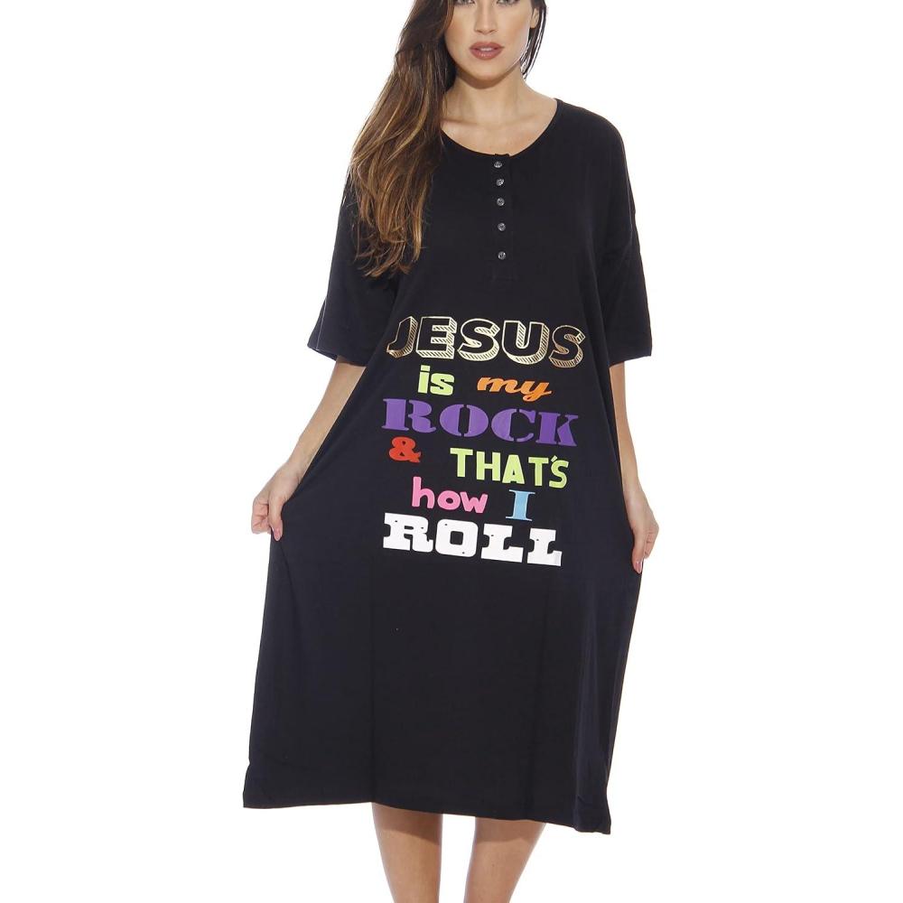 imageJust Love Short Sleeve Nightgown Sleep Dress for WomenBlack Jesus is My Rock