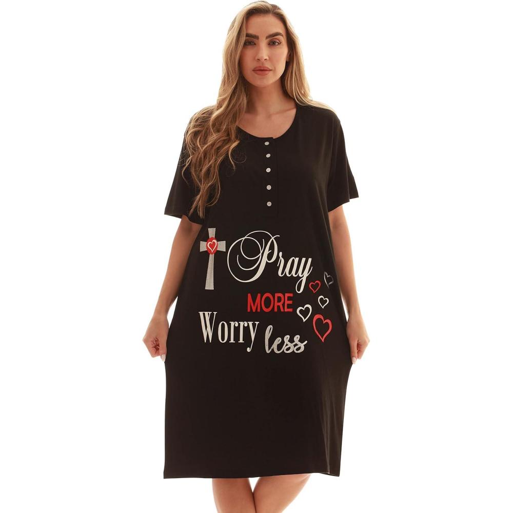 imageJust Love Short Sleeve Nightgown Sleep Dress for WomenBlack Pray More Worry Less
