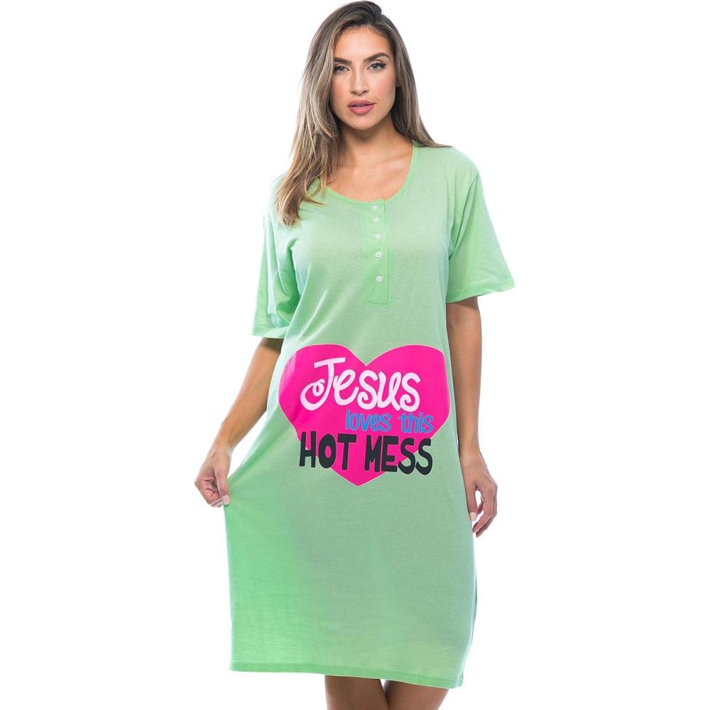 imageJust Love Short Sleeve Nightgown Sleep Dress for WomenMint Jesus Loves This Hot Mess