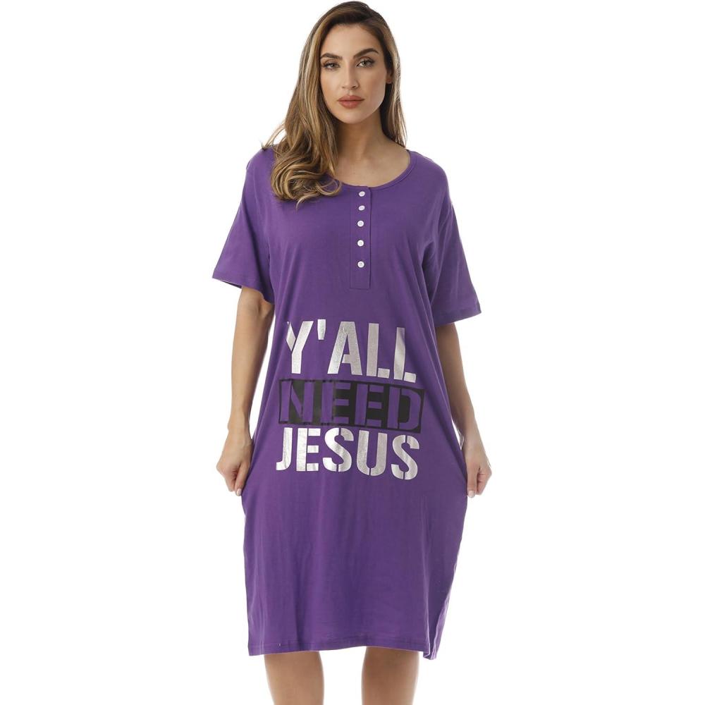 imageJust Love Short Sleeve Nightgown Sleep Dress for WomenPurple Yall Need Jesus