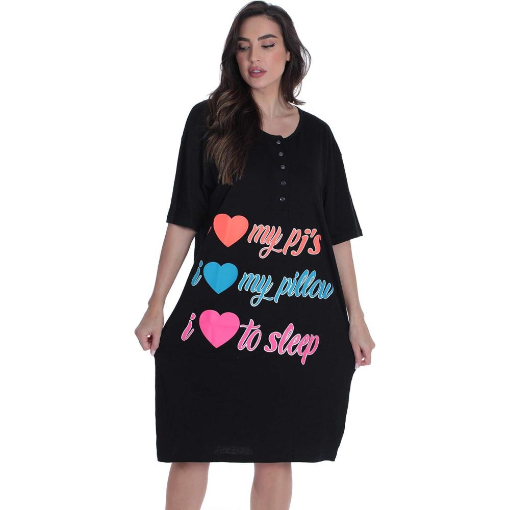 imageJust Love Short Sleeve NightgownSleep Dress for WomenSleepwearBlack I Heart My Pjs