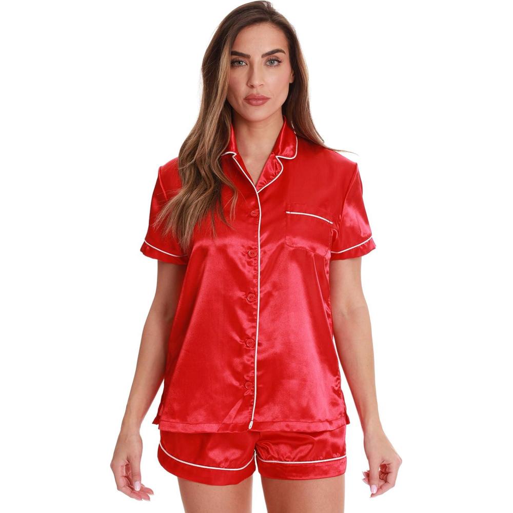 imageJust Love Solid Satin Pajama Short Set for Women Sleepwear PJsRed  Ivory
