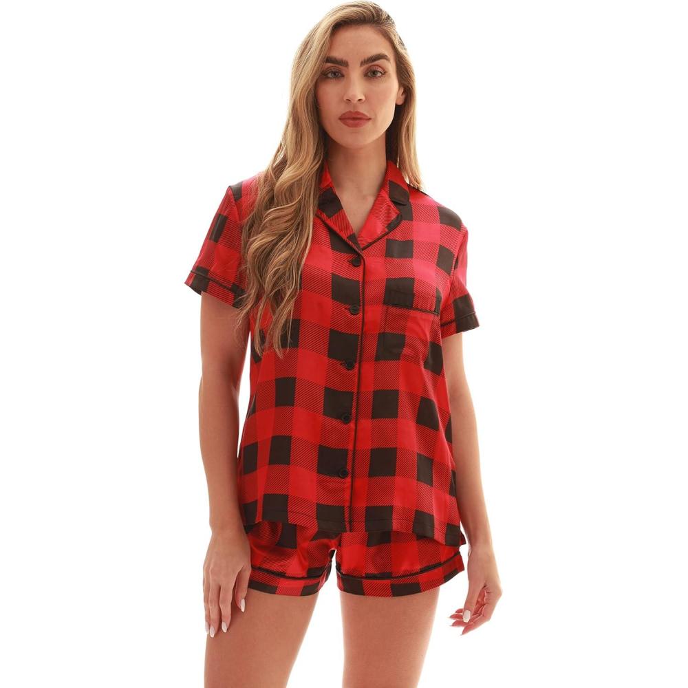 imageJust Love Solid Satin Pajama Short Set for Women Sleepwear PJsRed Black Buffalo Plaid