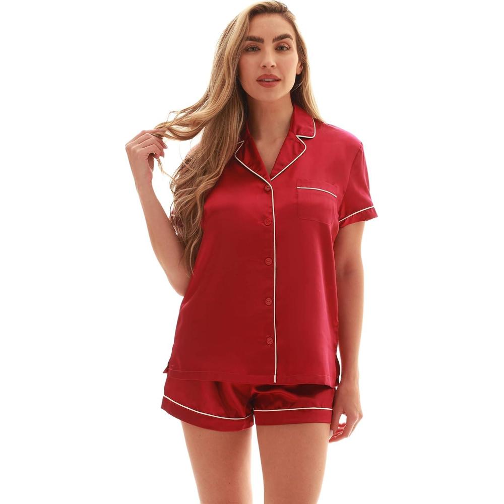 imageJust Love Solid Satin Pajama Short Set for Women Sleepwear PJsWine Solid