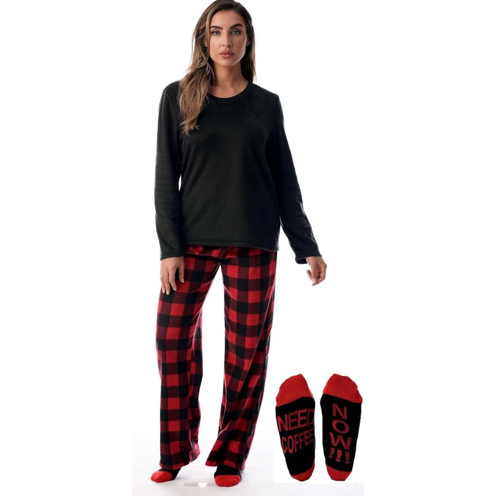 imageJust Love UltraSoft Womens Pajama Pant Set Nightgown with Matching SocksBuffalo Plaid Red Black