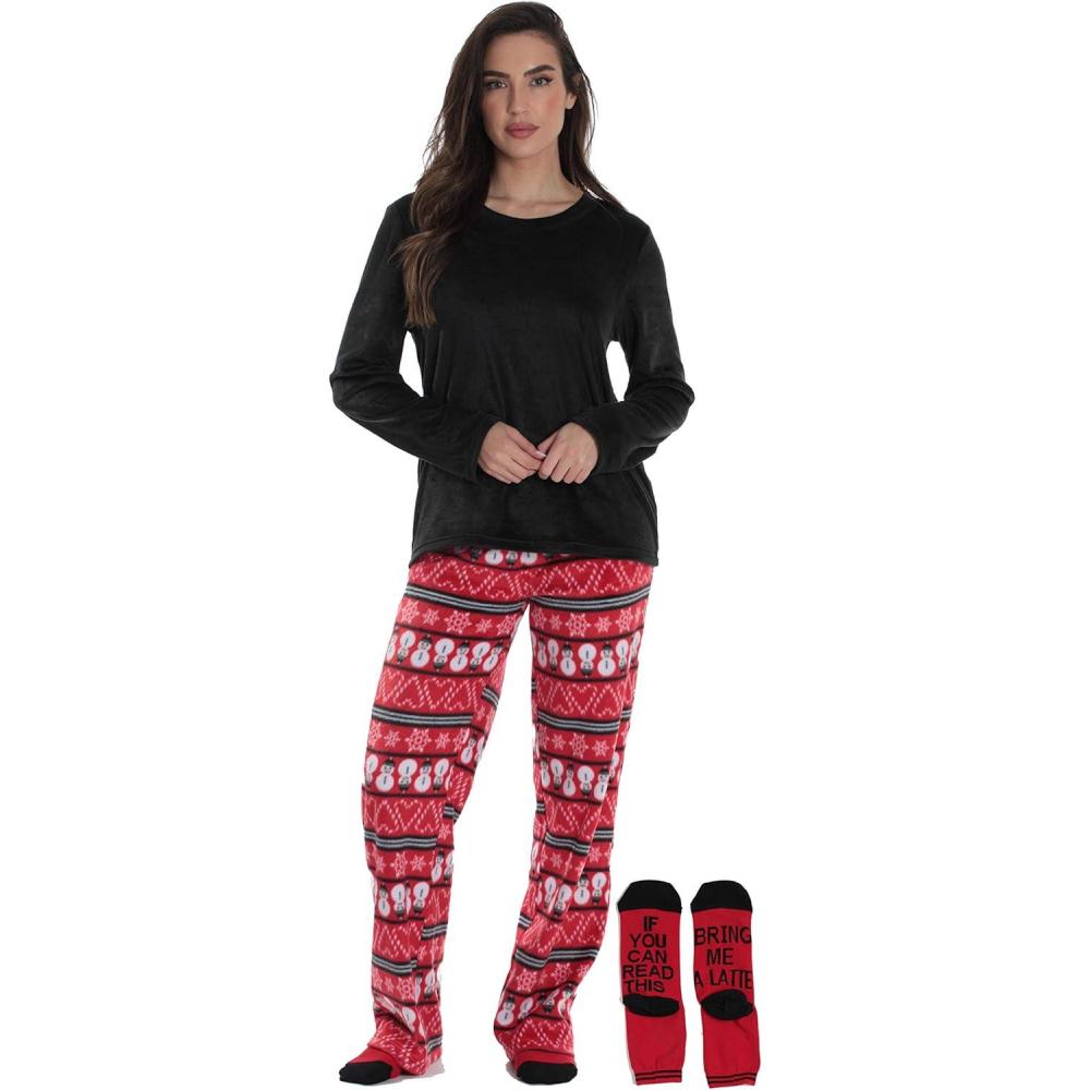 imageJust Love UltraSoft Womens Pajama Pant Set Nightgown with Matching SocksRed Candycane Snowman