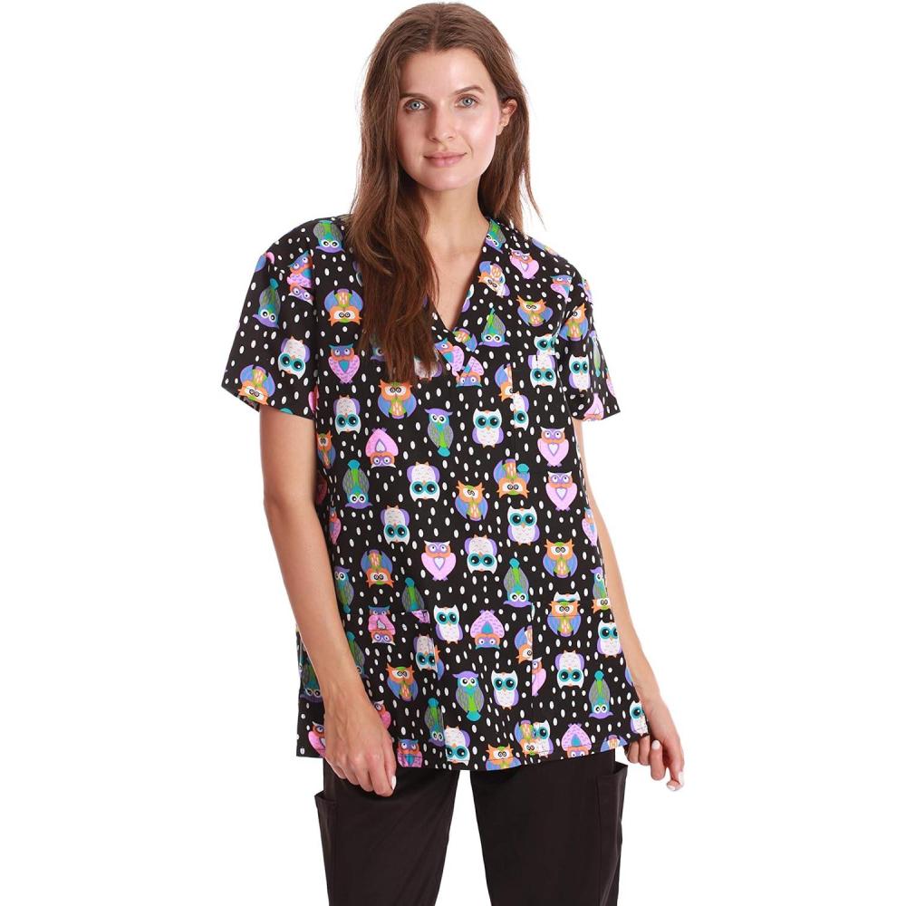imageJust Love Womens Holiday Scrub TopsBlack Hoot Hoot Owl