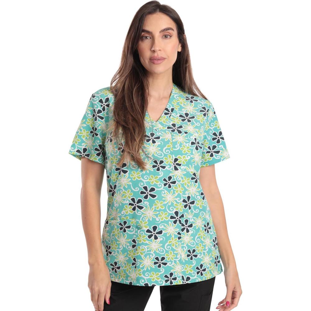 imageJust Love Womens Holiday Scrub TopsGreen Flower Stretch Fabric