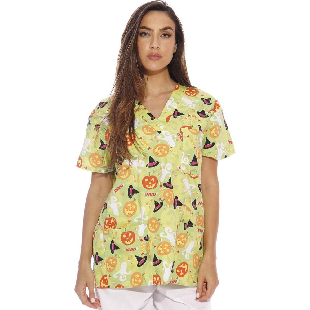 imageJust Love Womens Holiday Scrub TopsGreen Halloween