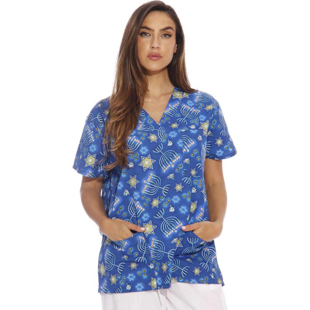 imageJust Love Womens Holiday Scrub TopsHappy Hannukah