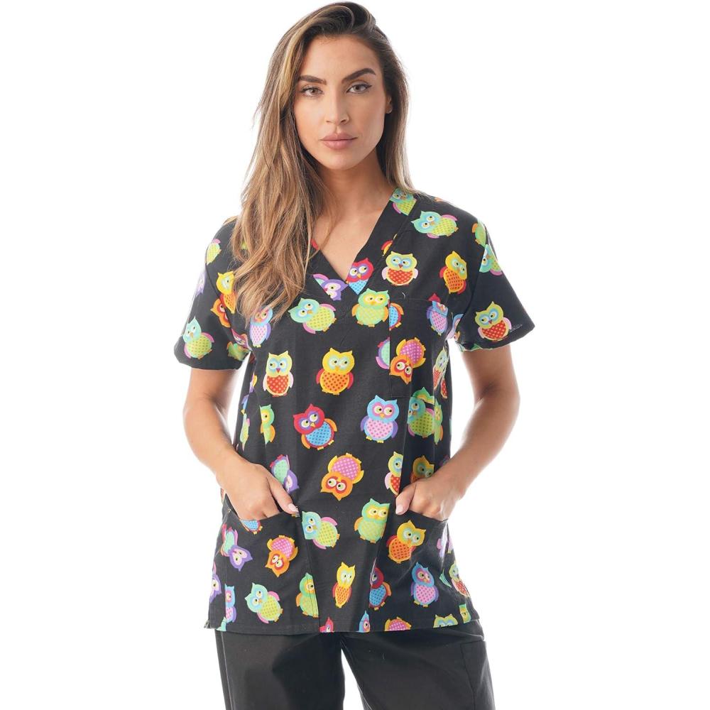 imageJust Love Womens Holiday Scrub TopsMulti Colored Owls