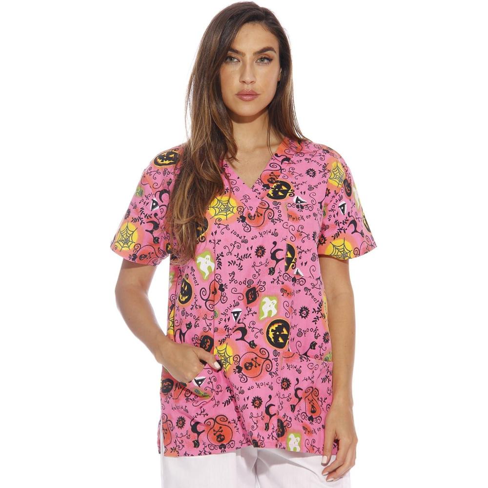 imageJust Love Womens Holiday Scrub TopsNeon Halloween With Glitter