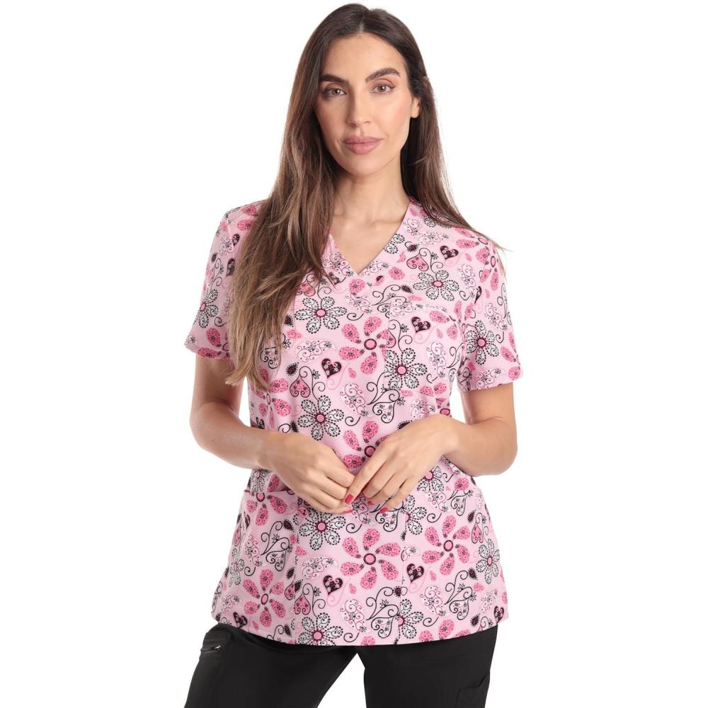 imageJust Love Womens Holiday Scrub TopsPink Flower Stretch Fabric