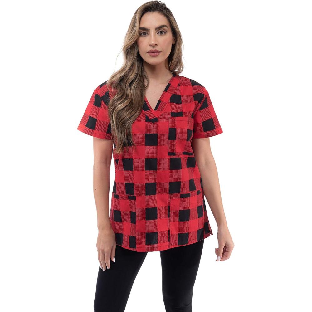 imageJust Love Womens Holiday Scrub TopsRed  Buffalo Plaid