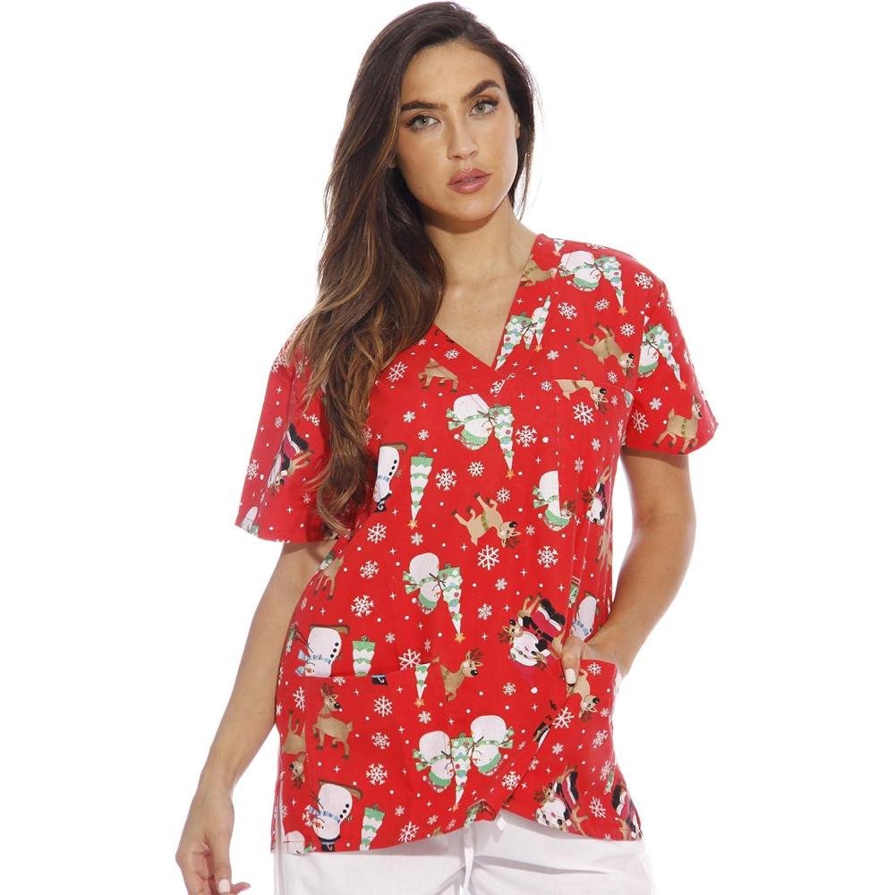 imageJust Love Womens Holiday Scrub TopsSanta Reindeer