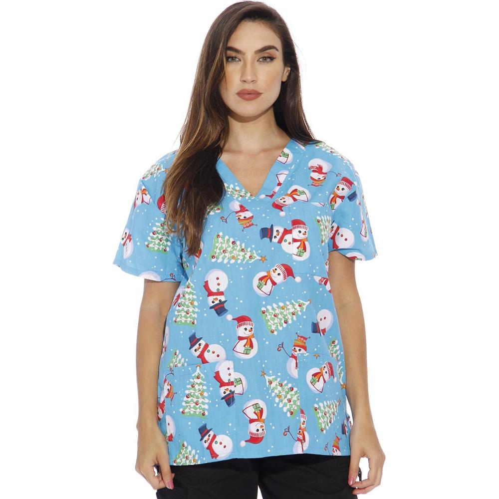 imageJust Love Womens Holiday Scrub TopsSnowman With Christmas Tree