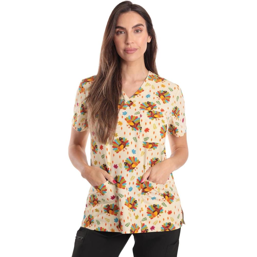 imageJust Love Womens Holiday Scrub TopsThanksgiving Turkey Stretch Fabric