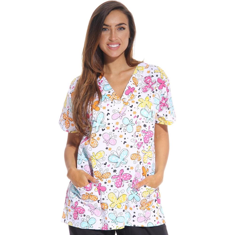 imageJust Love Womens Holiday Scrub TopsWhite Butterfly