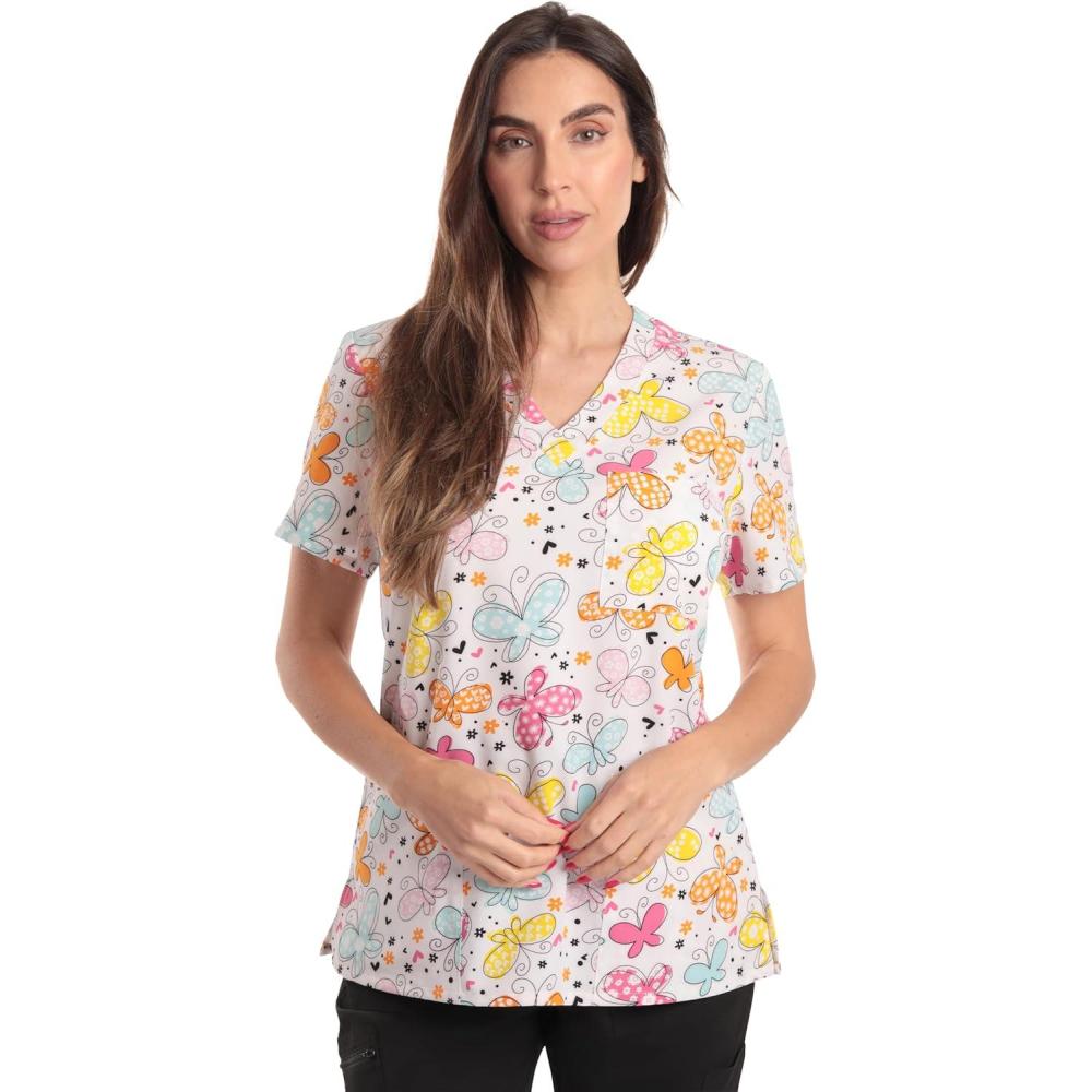 imageJust Love Womens Holiday Scrub TopsWhite Butterfly Stretch Fabric