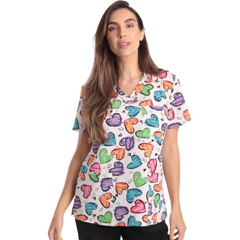 imageJust Love Womens Holiday Scrub TopsWhite Heart Stretch Fabric