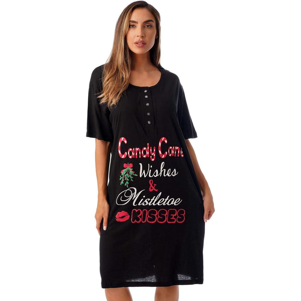 imageJust Love Womens Short Sleeve Nightgown Sleepwear DressBlack Candy Cane Wishes
