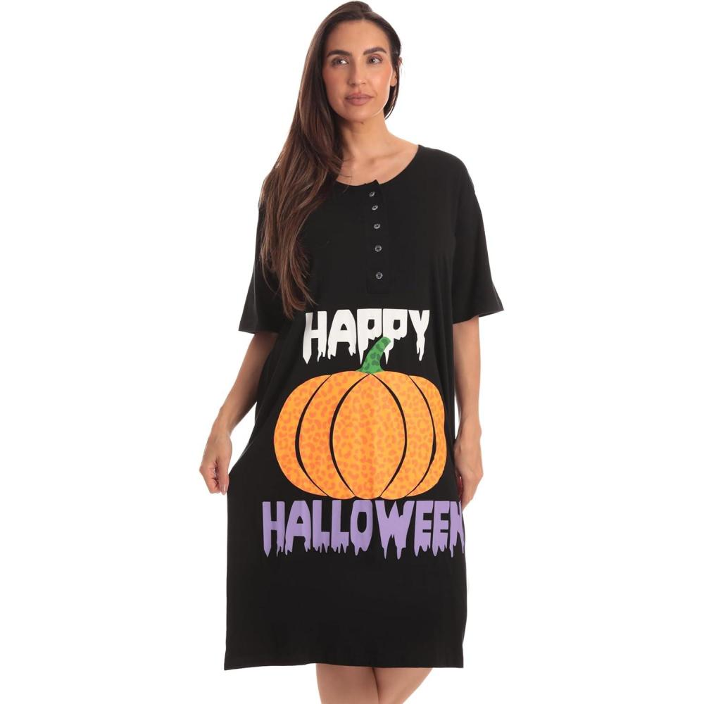 imageJust Love Womens Short Sleeve Nightgown Sleepwear DressBlack Happy Halloween
