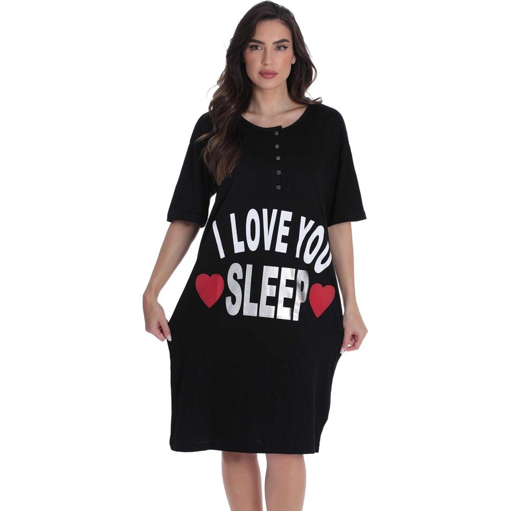 imageJust Love Womens Short Sleeve Nightgown Sleepwear DressBlack I Love You Sleep