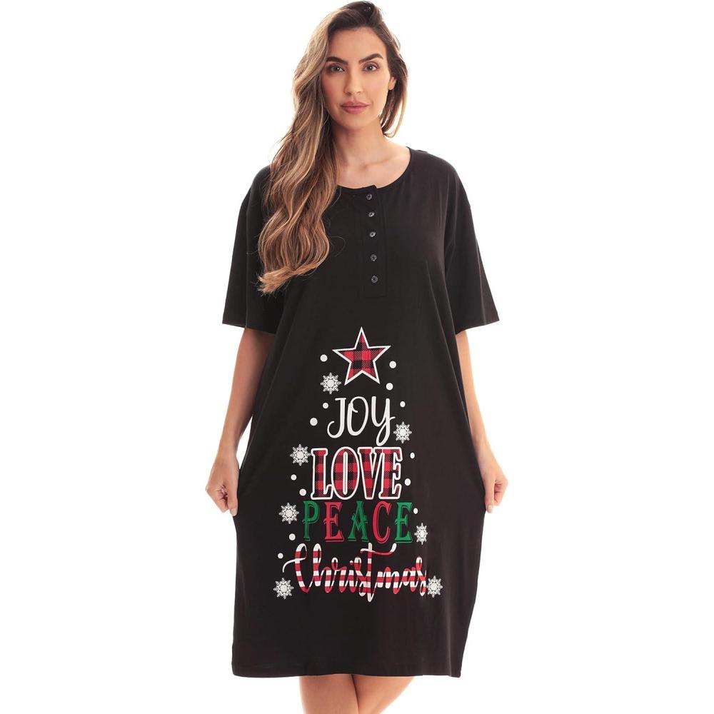 imageJust Love Womens Short Sleeve Nightgown Sleepwear DressBlack Joy Love Peace Xmas