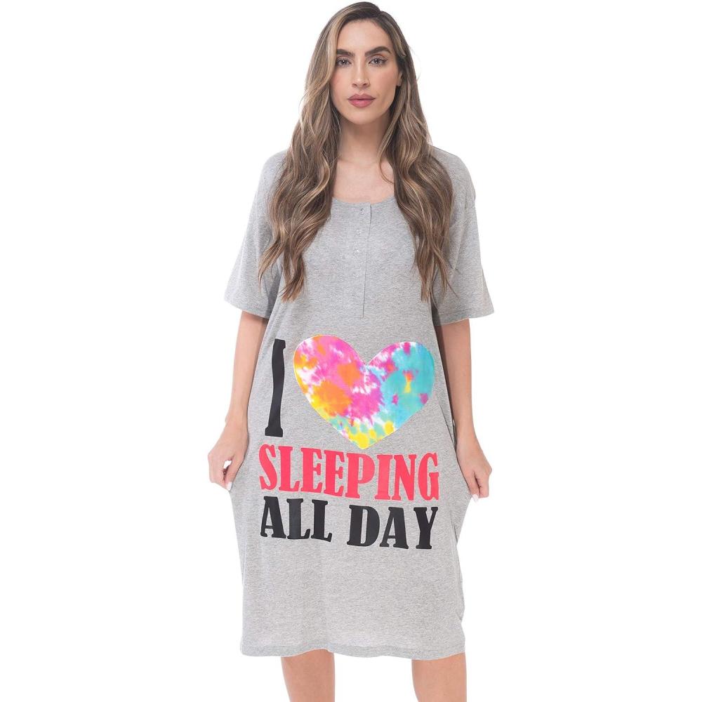 imageJust Love Womens Short Sleeve Nightgown Sleepwear DressGrey I Love Sleeping All Day