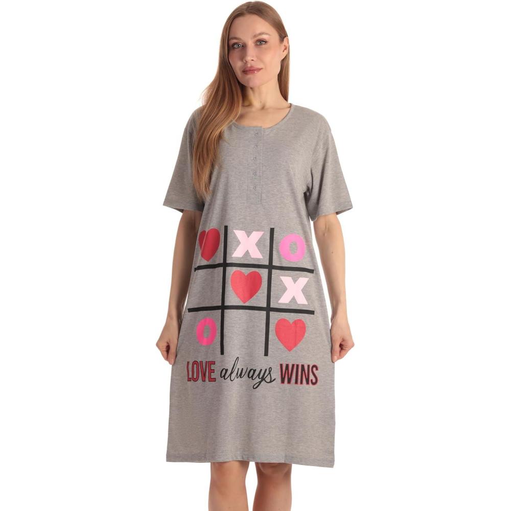 imageJust Love Womens Short Sleeve Nightgown Sleepwear DressGrey Love Always Win