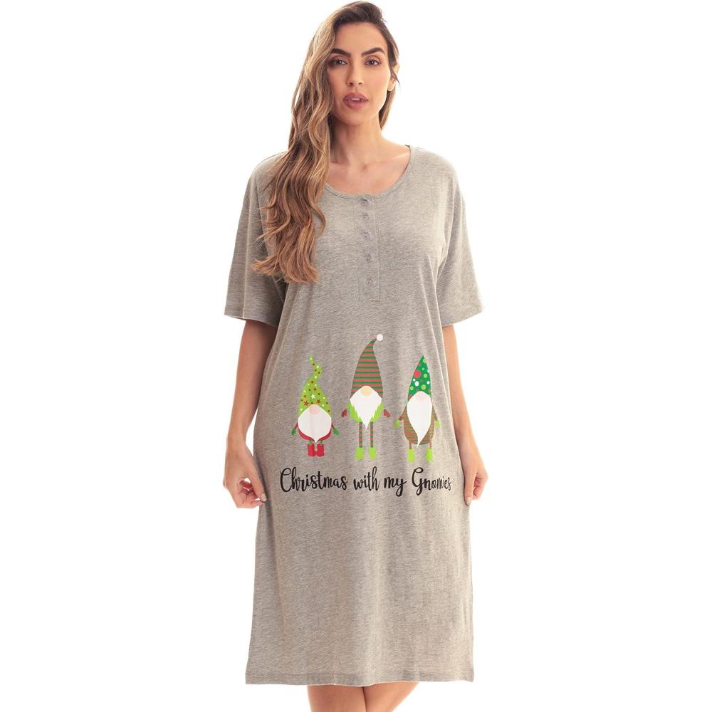 imageJust Love Womens Short Sleeve Nightgown Sleepwear DressGrey Xmas With My Gnomes
