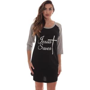 Just Love 100% Cotton Sleep Dress for Women Baseball Sleeve Nightshirt(Black – Jesus Saves)