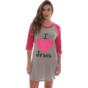Just Love 100% Cotton Sleep Dress for Women Baseball Sleeve Nightshirt(Grey – I Love Jesus)