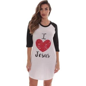 Just Love 100% Cotton Sleep Dress for Women Baseball Sleeve Nightshirt(White – I Love Jesus)
